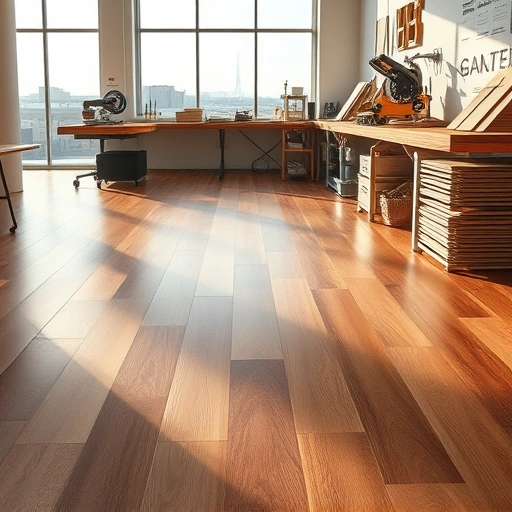 Completed hardwood and laminate flooring installation in Lockport, IL under ambient lighting with tools on a workbench.