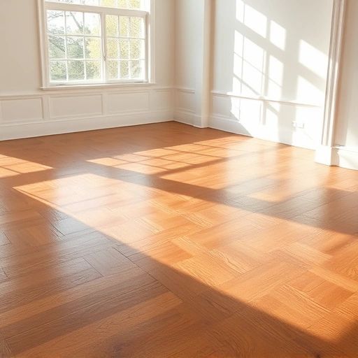 Spacious room with polished hardwood floor in rich tones, large windows, clean lines, and soft neutral walls.