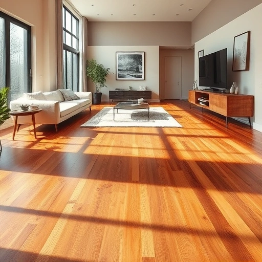 Stunning hardwood flooring installation in modern Romeoville home with warm tones, glossy finish, and elegant decor.