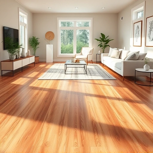 Modern living room in Lisle IL with seamless hardwood flooring, minimalist decor, and natural light enhancing warmth.