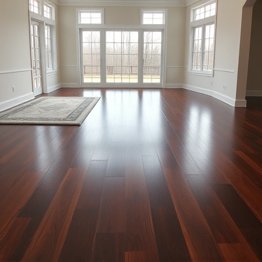 Spacious living room in Darien IL featuring polished dark hardwood flooring and a plush area rug enhancing the decor.