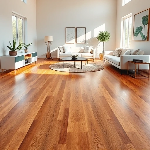 Glue-down flooring installation in Darien IL with polished wood, natural light, and modern furniture accents.