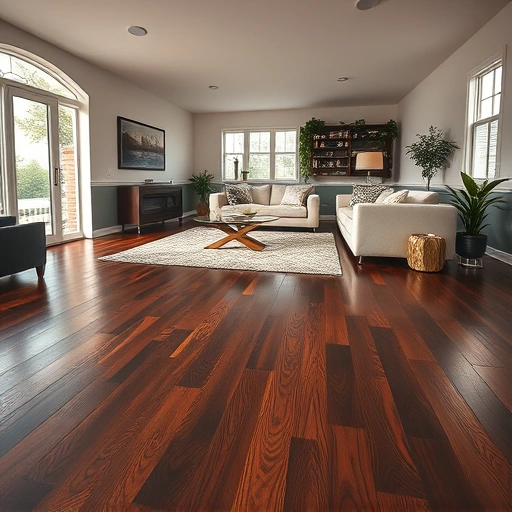 Spacious Naperville living room with dark hardwood floors, plush rug, sofa, and elegant decor under soft lighting.