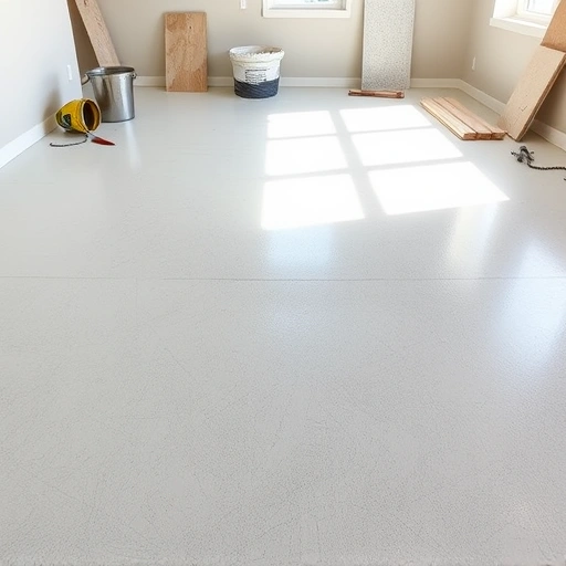 Self-leveling underlayment installation in Darien IL showcasing a smooth light gray surface in a professional workspace.