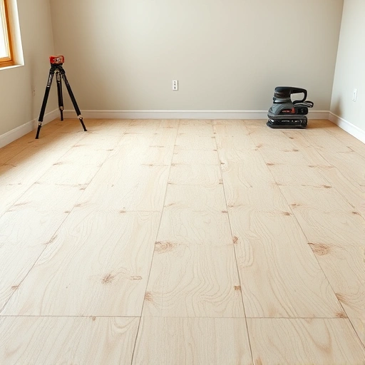 Completed subfloor preparation in Darien IL showcasing leveled plywood panels and neatly arranged tools for flooring.