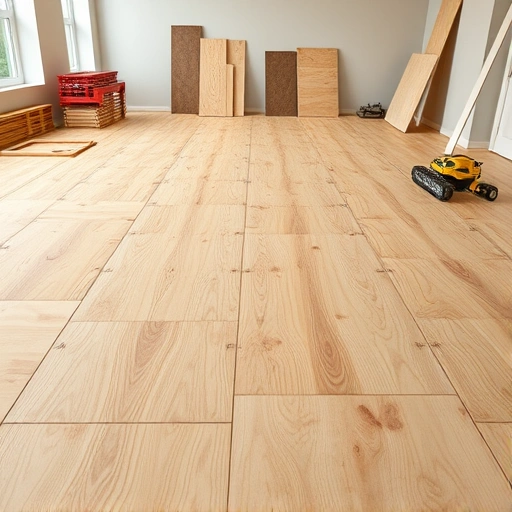 Plywood subfloor installation in Darien IL showcasing smooth surface, precise edges, and organized workspace with tools.