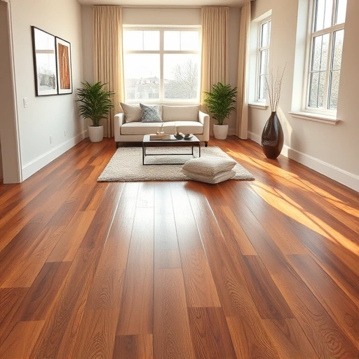 Floating floor installation in Darien IL features polished wood planks, neutral walls, and modern furnishings.
