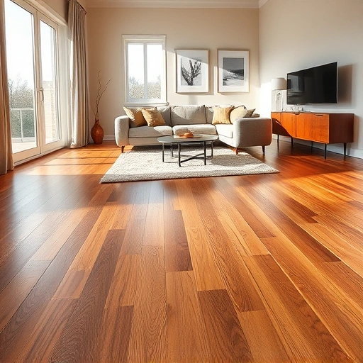 Spacious living room in Joliet IL with rich hardwood floors, modern decor, and warm ambient lighting.