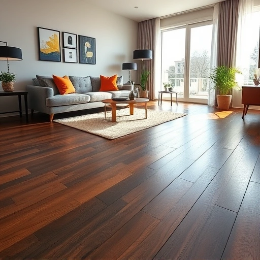 Spacious living room in Elmhurst IL with dark hardwood floors, modern furniture, and natural light highlighting the decor.