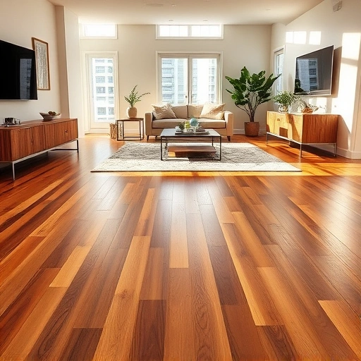 Completed hardwood flooring installation in a modern Chicago room, featuring warm tones and ambient lighting.