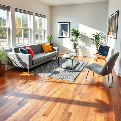 Modern living room in Darien IL showcasing a beautiful laminate floor installation with contemporary furnishings and decor.