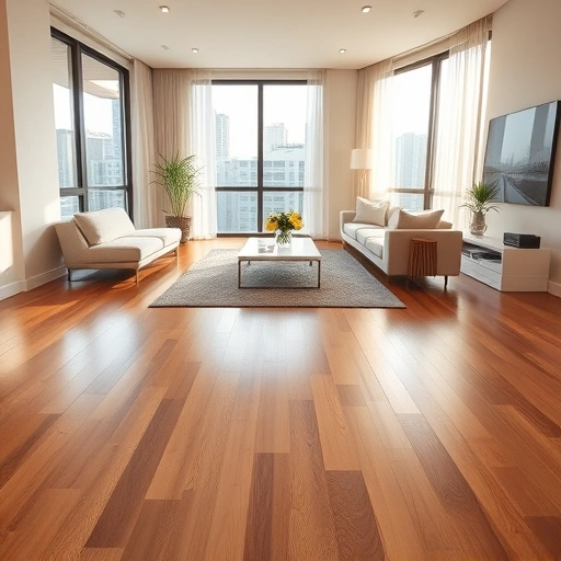 Spacious modern Chicago living room with polished hardwood flooring, neutral walls, and contemporary furniture.