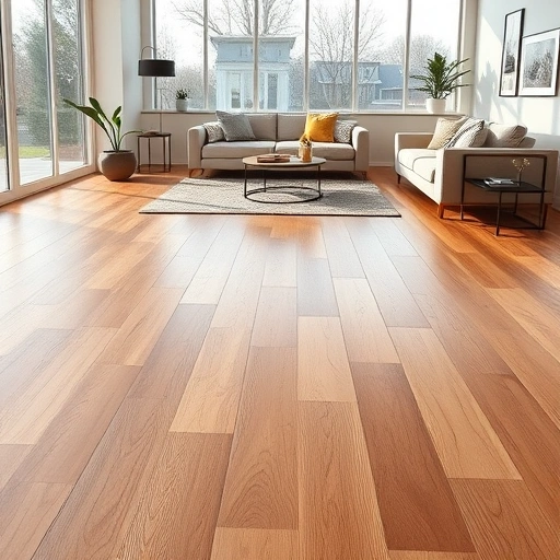 Floating floor installation in Darien IL showcasing warm oak tones in a modern living space with minimalistic decor.
