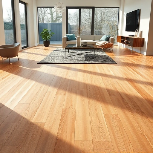 Completed laminate floor installation in a modern living room in Darien IL with warm tones and elegant wood grain patterns.