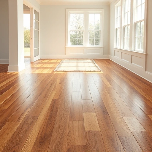 Spacious room with natural light, featuring rich hardwood flooring, polished surface, and contrasting white baseboards.