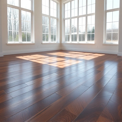 Spacious room in Darien IL featuring dark hardwood flooring with glossy finish and natural light from large windows.