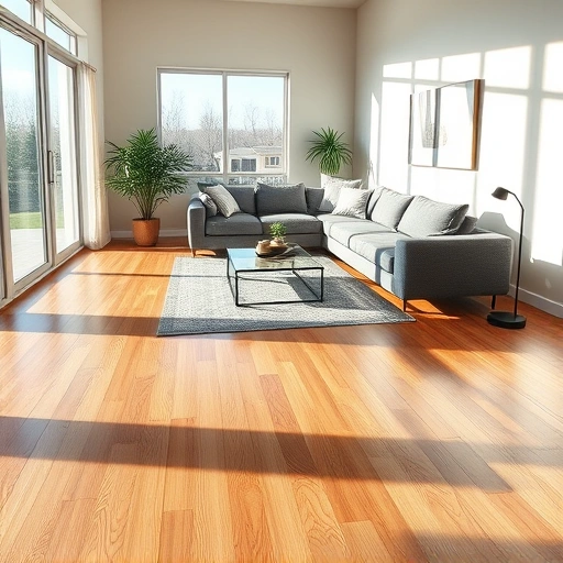 Hardwood flooring installation in a modern living room with oak tones, minimalistic decor, and natural light.