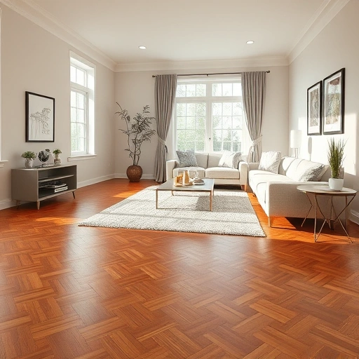 Elegant living room in Kenosha WI featuring gleaming hardwood floors in herringbone pattern and minimalistic decor.