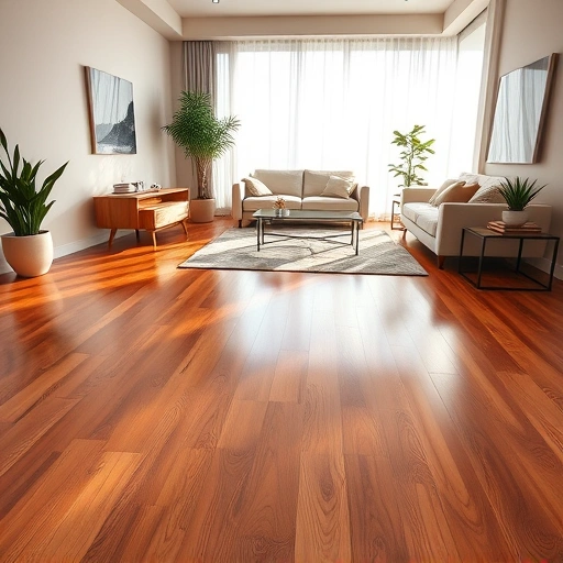 Polished hardwood flooring in a modern Orland Park living room, showcasing rich tones and elegant decor.