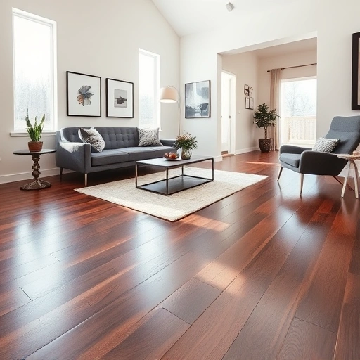 Modern living room in Glen Ellyn IL with dark hardwood floors and stylish furniture under natural light.