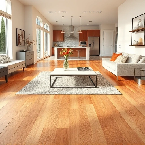 Modern living room in Plainfield IL with warm hardwood flooring, natural light, stylish decor, and elegant kitchen view.