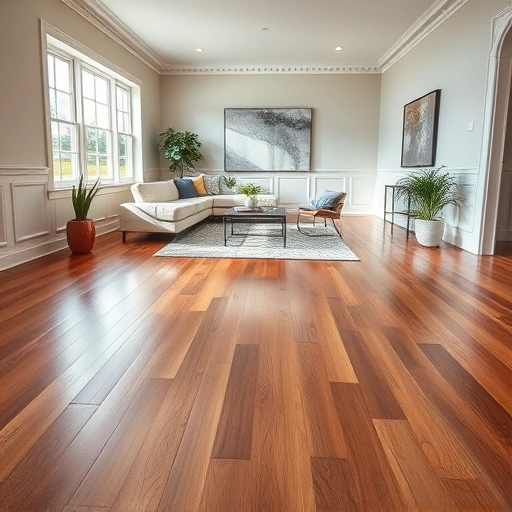 Spacious living room in Merrillville IN with polished hardwood floors, modern decor, and natural light.