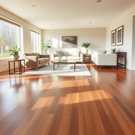Engineered hardwood installation in a sunlit Darien IL living room with warm tones, modern furniture, and elegant decor.