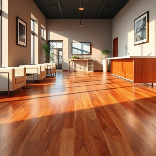 Hardwood floor in Lombard IL business with rich tones, glossy finish, modern furniture, and natural light ambiance.