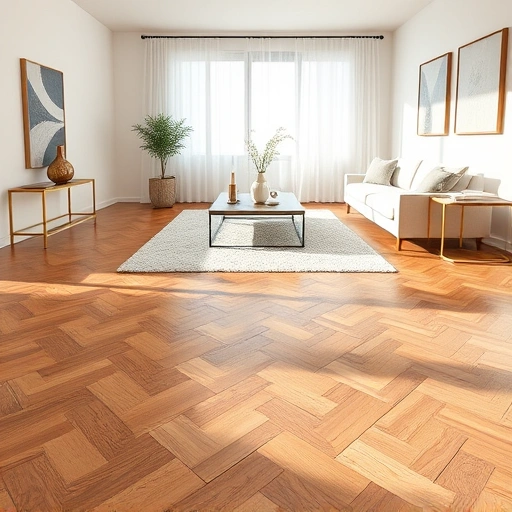 Elegant herringbone oak hardwood flooring installation in a minimalist Wheaton IL room with natural light and soft decor.
