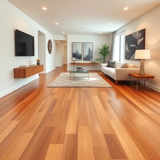 Floating floor installation in Darien IL features warm wooden planks in a modern living space with minimalist decor.