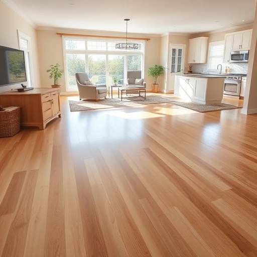 Spacious living room in Tinley Park IL with sleek hardwood floors and natural light from large windows.