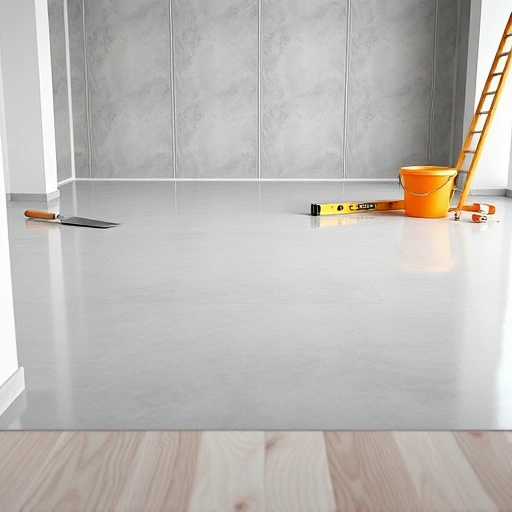 Self-leveling underlayment installation in Darien IL with smooth light gray surface and neatly arranged tools.
