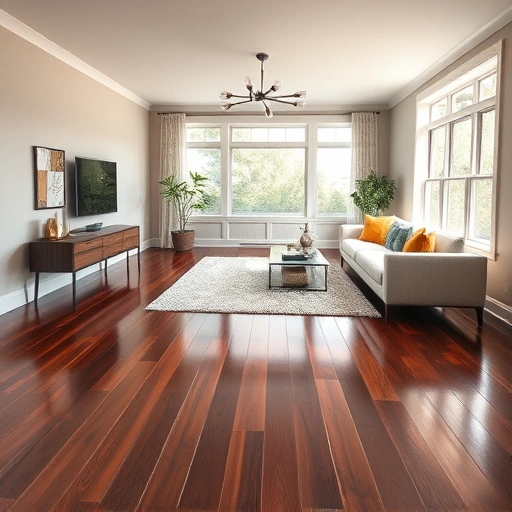 Dark polished hardwood flooring in a spacious Darien IL room with neutral walls and modern furniture accents.