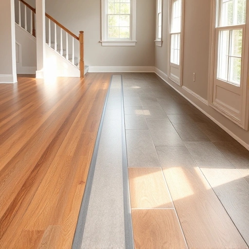 Completed floor transition strip installation in Darien IL, blending hardwood and tile with polished shine and warm colors.