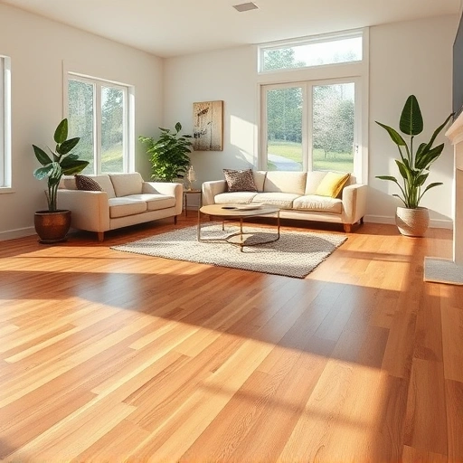 Spacious Woodridge living room with elegant hardwood floors, modern decor, natural light, and potted plants.