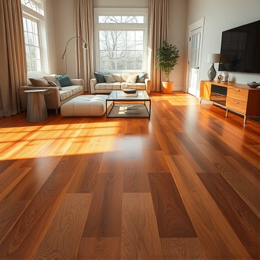 Beautifully finished hardwood flooring in Merrillville, IN, with warm tones and elegant decor under soft lighting.