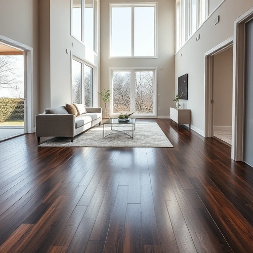 Modern open-concept living space in Addison, IL with dark hardwood flooring and minimalist decor showcasing elegance.