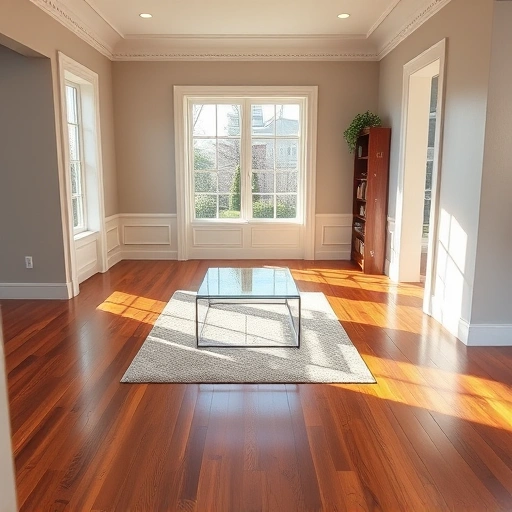 Spacious living room in Orland Park IL with polished hardwood floors, modern decor, and natural light.