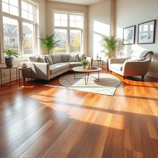 Completed flooring installation in Darien IL featuring polished hardwood floors, elegant furniture, and natural light.