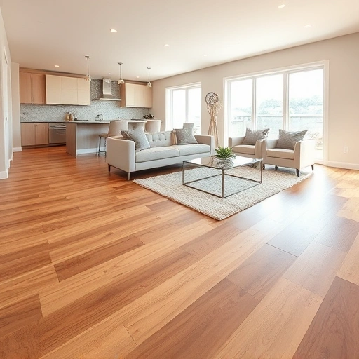 Stunning hardwood flooring installation in Addison IL with warm tones, seamless living area to kitchen transition.