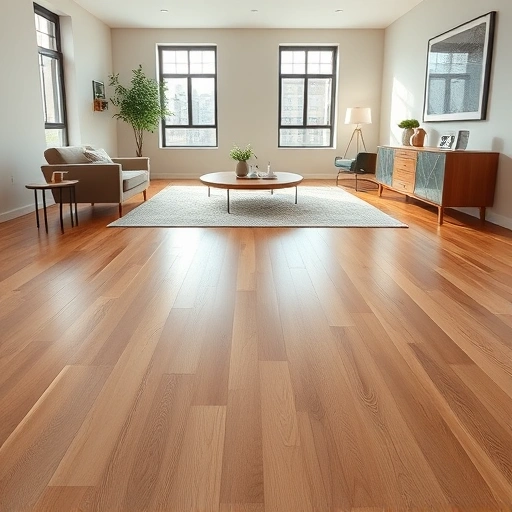 Sleek hardwood flooring installation in a Chicago room with natural light, minimalistic furniture, and warm ambiance.