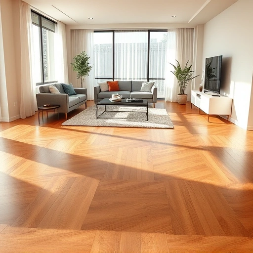 Spacious living room in Downers Grove with polished hardwood floors in herringbone pattern and modern decor.