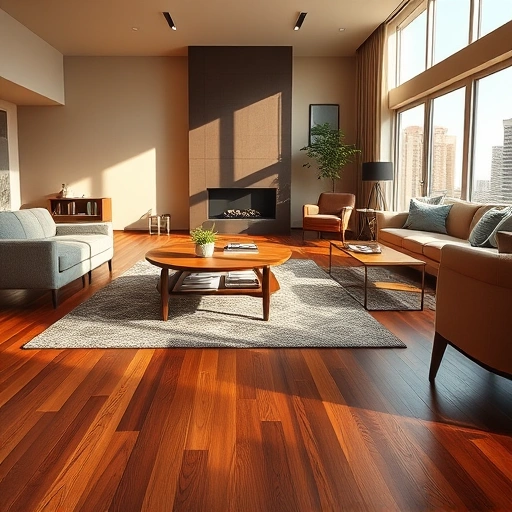 Elegant living room in Westmont IL featuring rich hardwood floors, stylish rug, and modern decor under warm lighting.