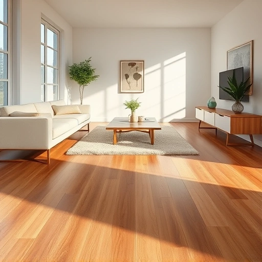 Stunning hardwood flooring installation in a minimalist room with natural light, modern furniture, and elegant decor.
