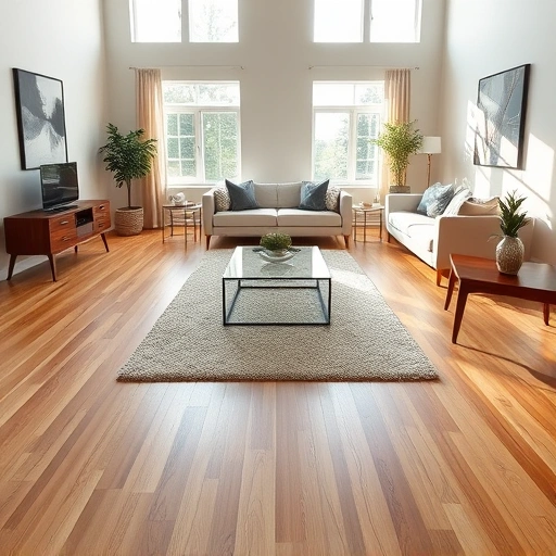 Completed flooring installation in a spacious living room with warm oak finish and contemporary decor in Western Springs IL.