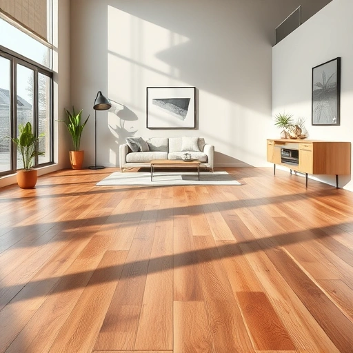 Completed hardwood flooring installation in Highland IN with tile accents and contemporary neutral-toned furniture.