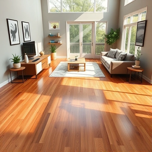 Hardwood flooring installation in a contemporary living room with oak tones, natural light, and modern decor in Darien IL.