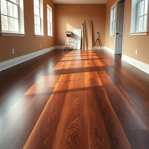 Dark hardwood flooring installation in Joliet IL with elegant white baseboards and warm neutral walls under natural light.