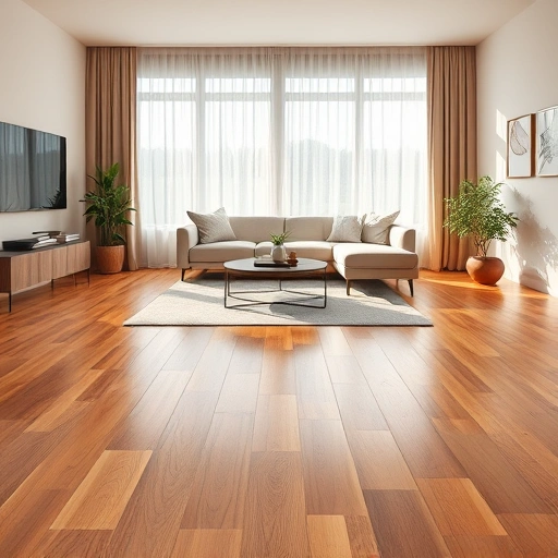 Modern living room in Naperville IL with gleaming hardwood flooring, neutral walls, stylish furniture, and potted plants.