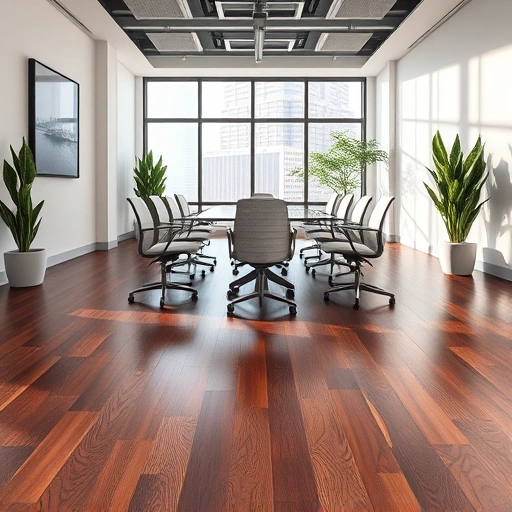 Completed dark hardwood flooring in a modern Chicago office featuring a glass conference table and contemporary decor.